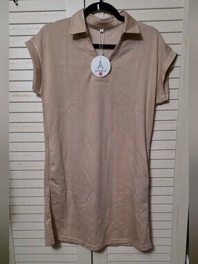 NWT ANRABESS Collared V-Neck T-Shirt Mini Dress with Pockets Almond Small